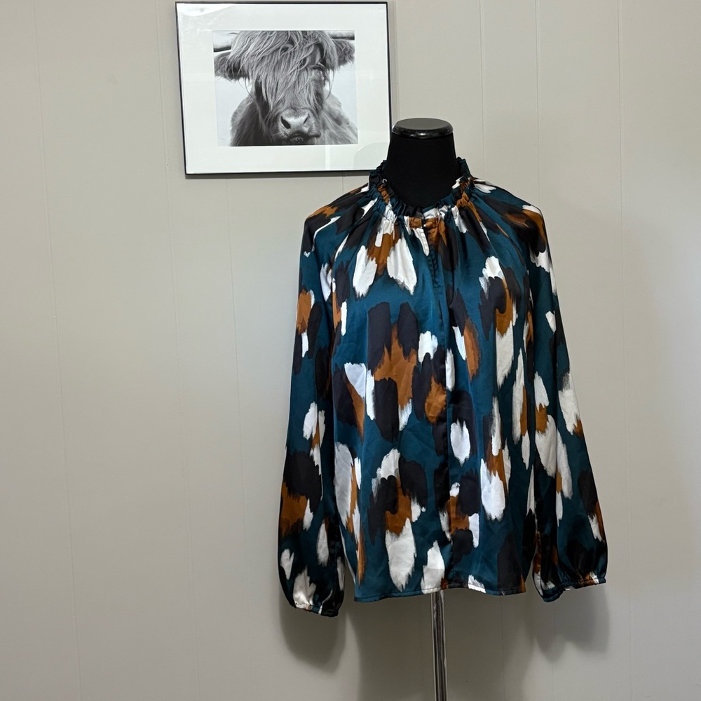 Ann Taylor XXL Teal and Brown Blouse Artsy Abstract Casual Party Vibrant